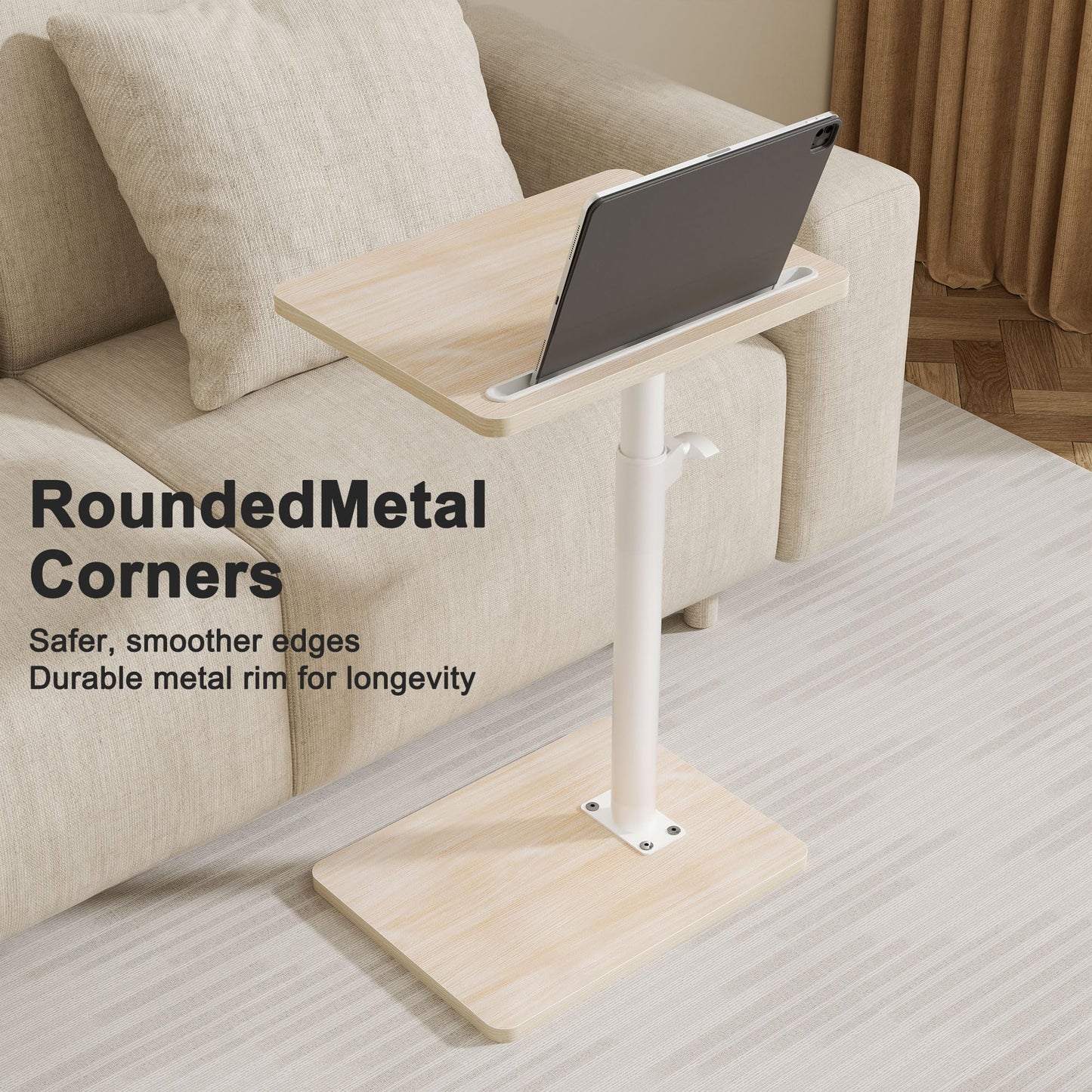 YUHFERA Sofa Armrest Tray Table for Couch - 360° Swivel Height Adjustable End for Small Spaces, Snack Side Table for Bed or Chair with Phone & Tablet Slot (Oak,Standard)