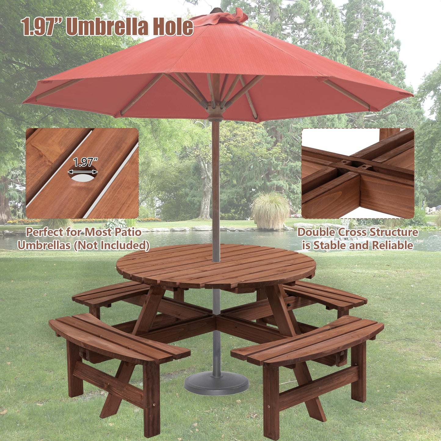 DOPERFE 8-Person Outdoor Round Wooden Picnic Table with 4 Built-in Benches, Outdoor Dining Set with Umbrella Holes, 2220 lb. Weight Capacity for Garden, Lawn, Patio (Brown, 70.07"*70.07"*27.55")