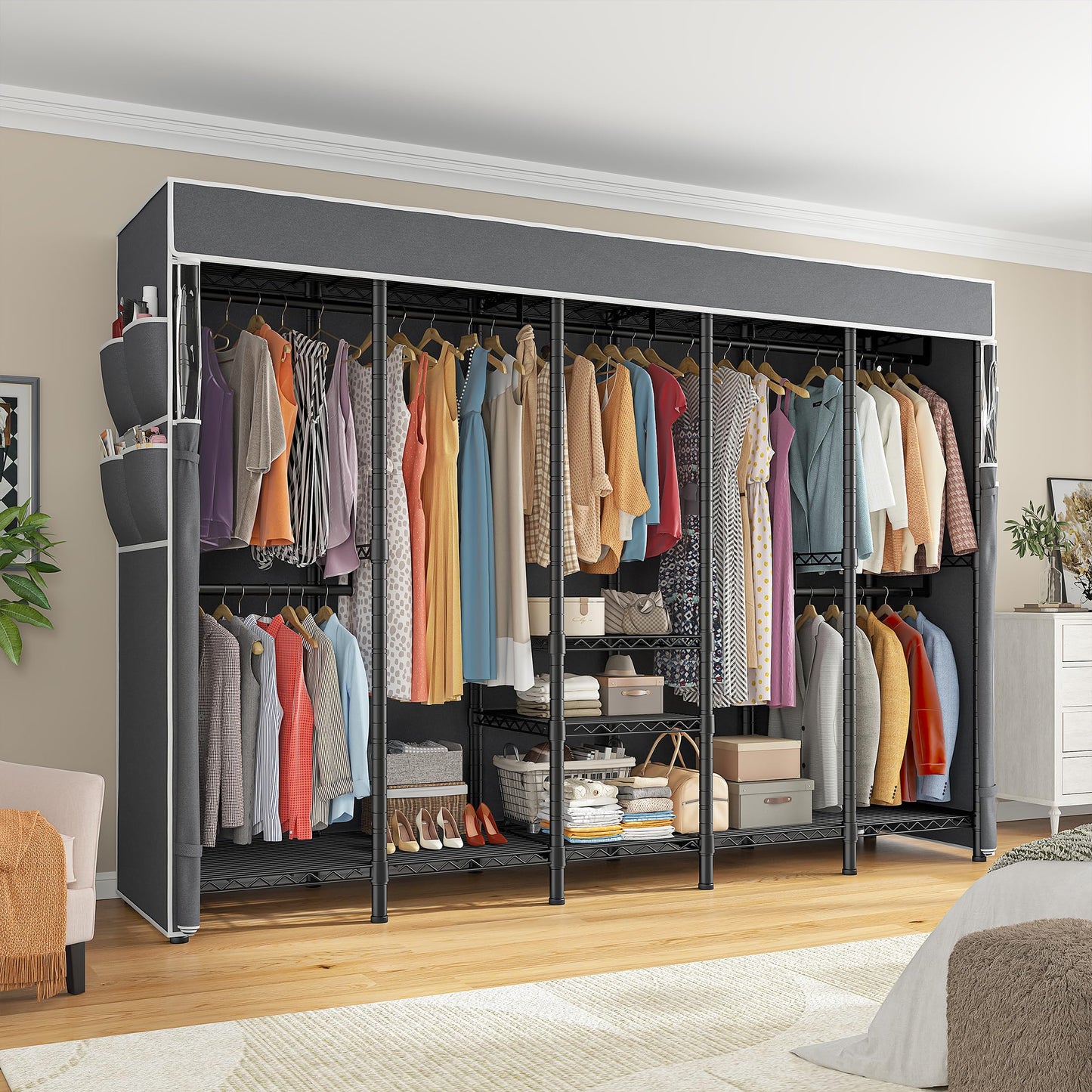 Raybee 90.6" W Clothes Rack with Cover Heavy Duty Clothing Rack with Cover Loads 1200LBS Wardrobe Closet Freestanding Garment Rack for Bedroom, Black