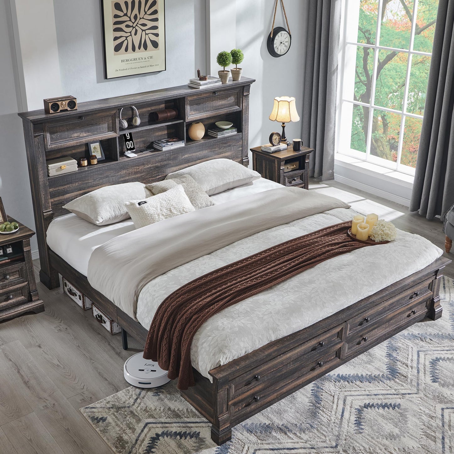 Farmhouse Queen Size Bed Frame with 54" Tall Storage Bookcase Headboard, Wood Platform Bed Frame with 18" Tall Roman Column Decoration Footboard & 2 Drawers(Dark Rustic Oak)