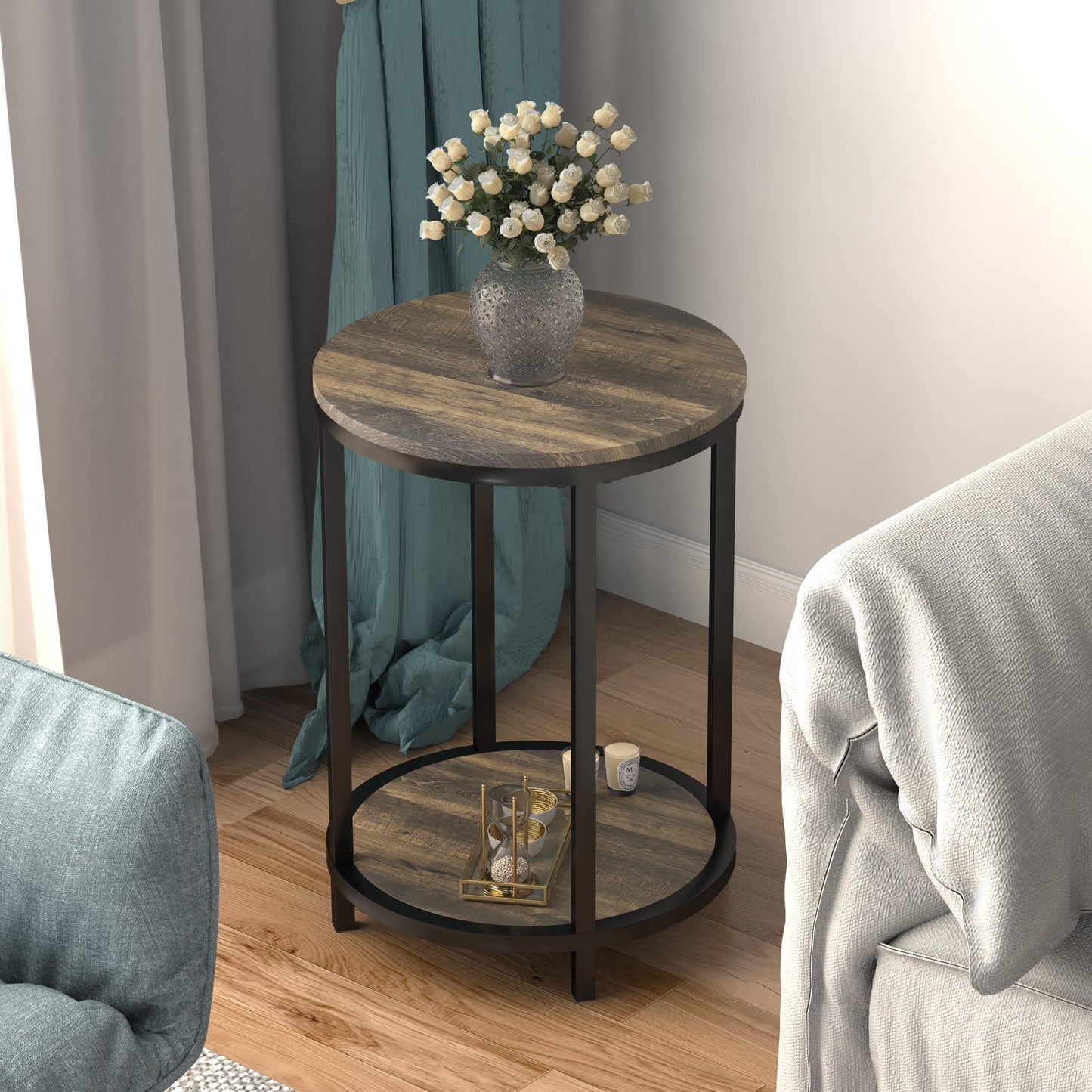 NSdirect Round Side Table Set of 2,16in Rustic Wooden End Table Surface Top & Sturdy Metal Legs Nightstand for Living Room Bedroom Farmhouse Sofa Table with Storage Open Shelf,Rustic Brown