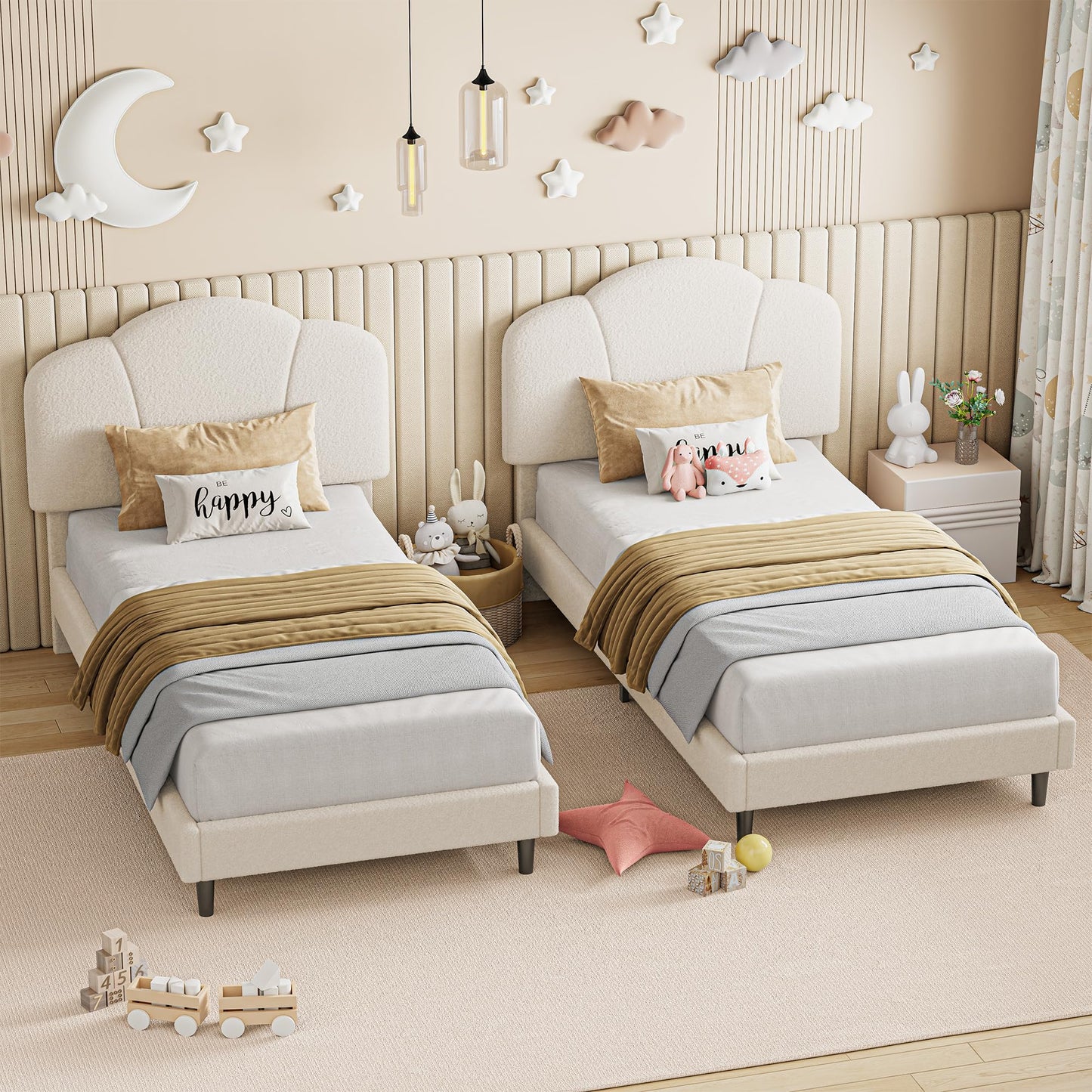 LIKIMIO Twin Size Bed Frame, Upholstered Twin Platform Bed with Headboard Lamb Velvet Twin Beds, No Box Spring Needed with 800LBS Sturdy Wooden Slats Support, Noise Free, Easy Assembly, White