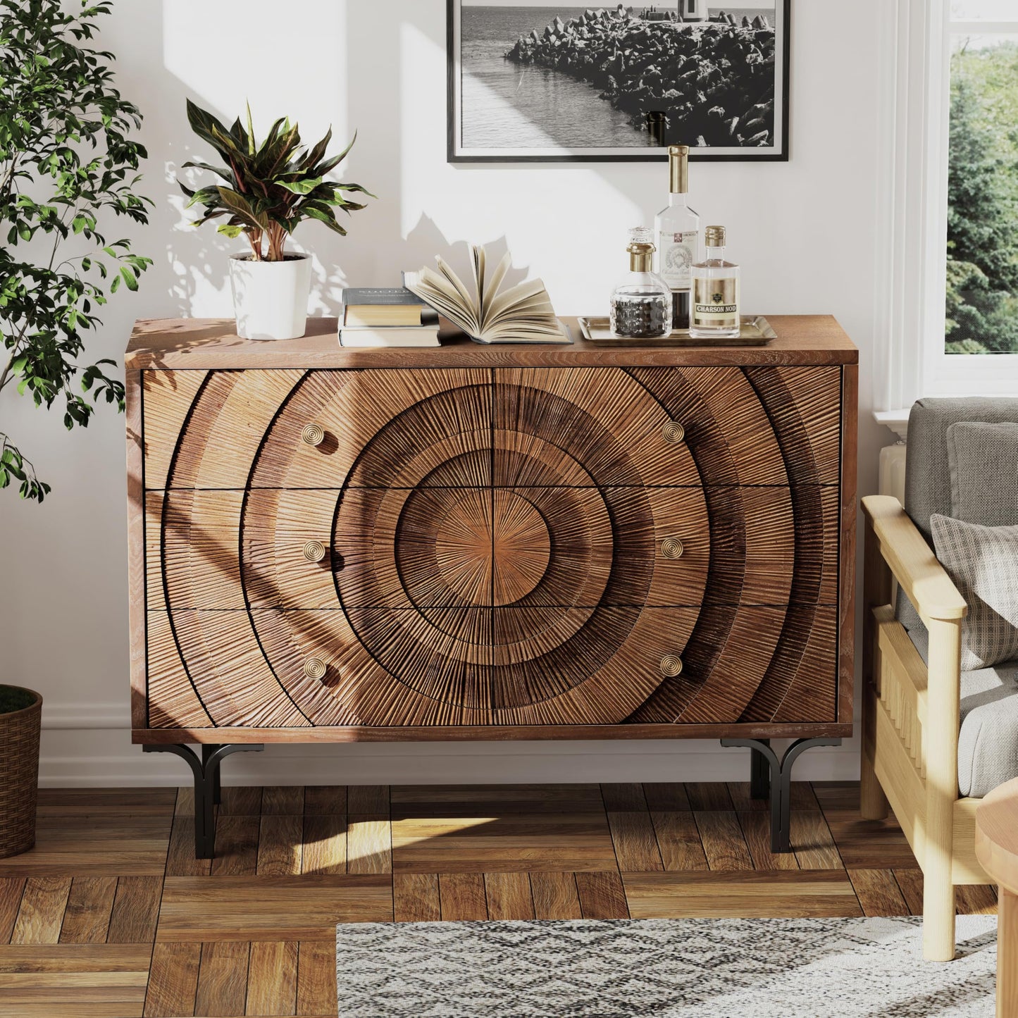 Aoikax Farmhouse 6-Drawer Dresser, Accent Wooden Chest of Drawers with Circle Pattern and Radioactive Wood Lines,Accent Storage Dresser for Living Room, Bedroom, Brown