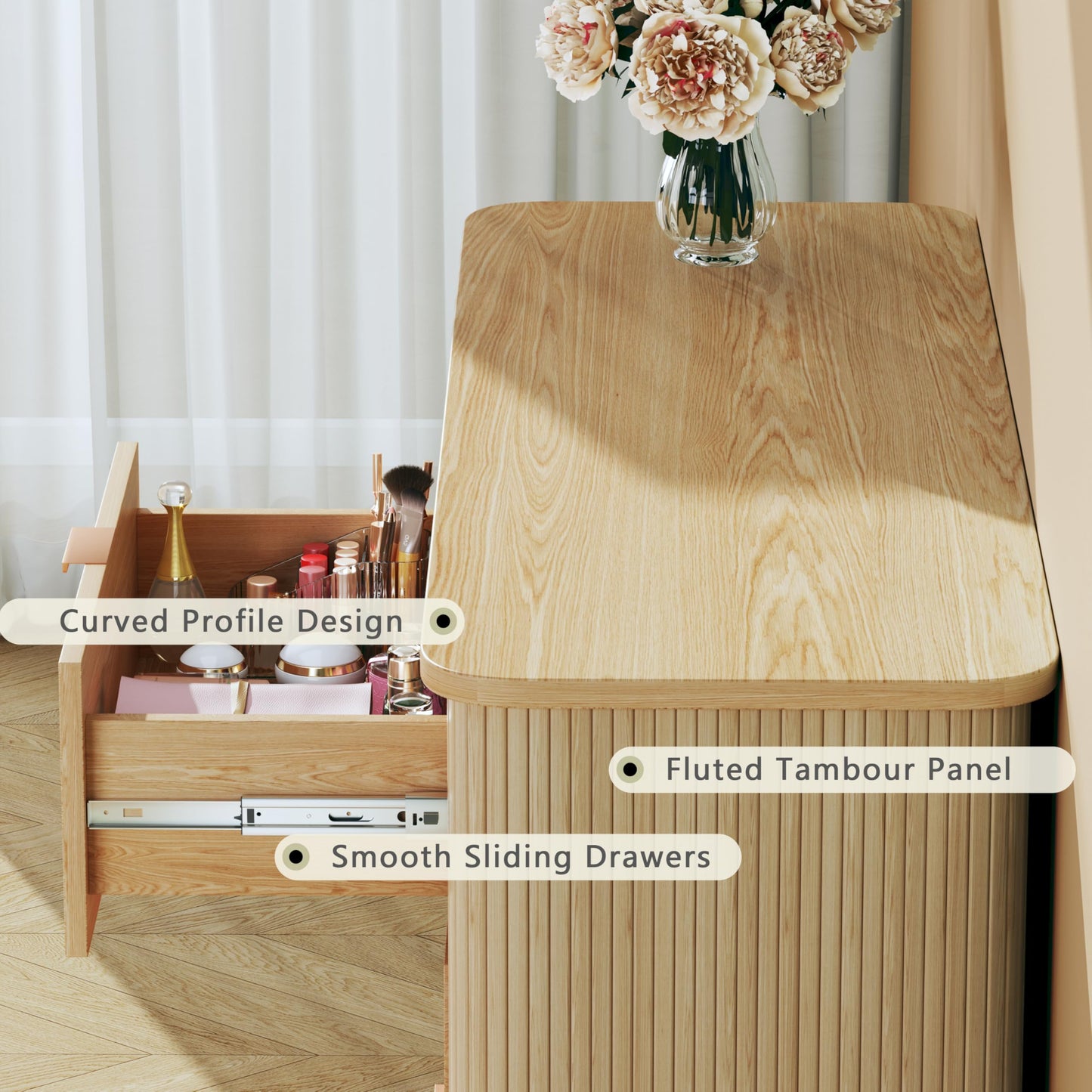 LIMGLIM Mid Century Modern Dresser, Fluted 6 Drawers Dresser for Bedroom, Curved Profile Design, Wide Wood Chests of Drawers Storage for Entryway, Hallway, Oak