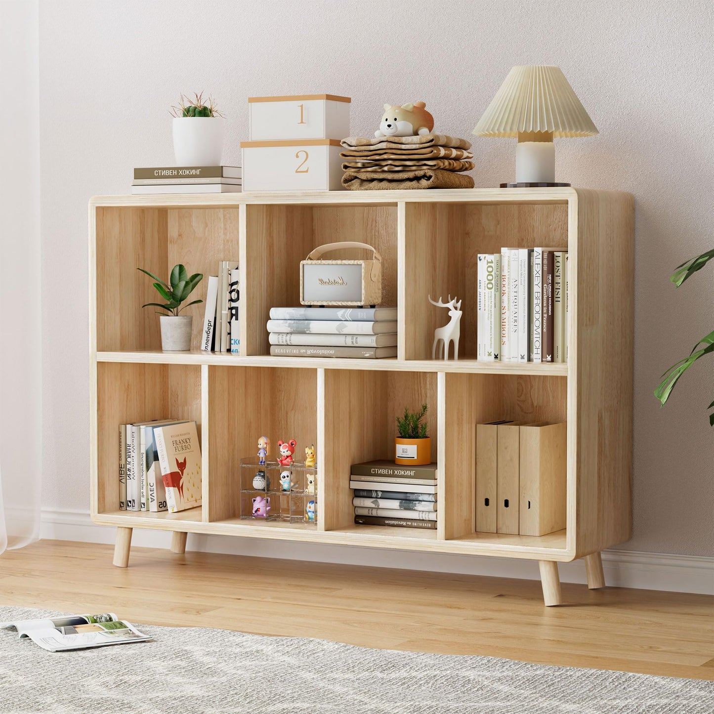 YZU 2-Tier Open Cubes Bookshelf with Legs,7 Cube Storage Organizer, Floor Standing Office Bookcase, Wooden Boho Book Shelves for Furniture, Cubby Storage Organizer for Living Room/Bedroom