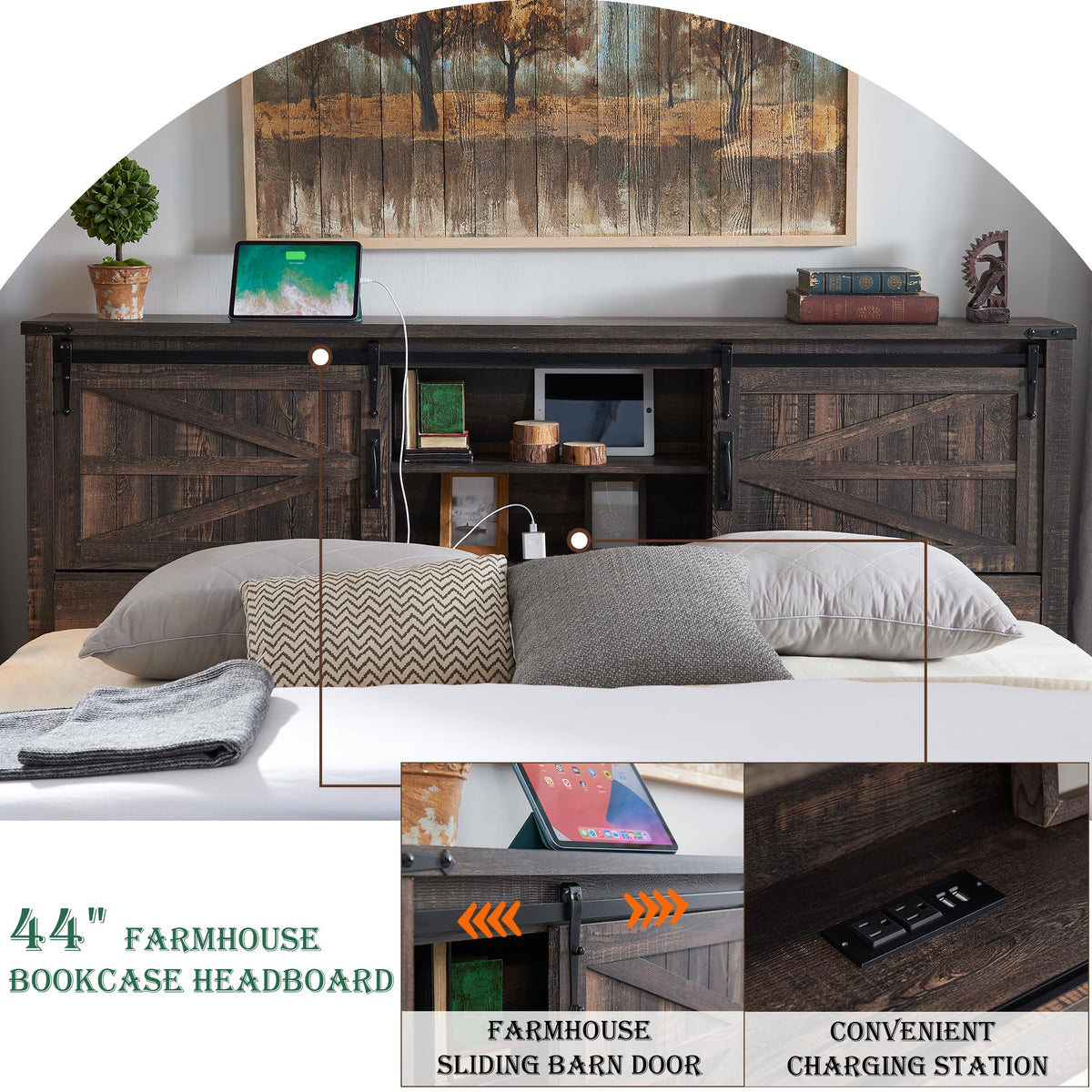 RedLemon Farmhouse King Size Bed Frame with Bookcase Headboard, Sliding Barn Door, Storage Cabinet, Charging Station, Wood Slats Support, No Box Spring Needed, Dark Rustic Oak