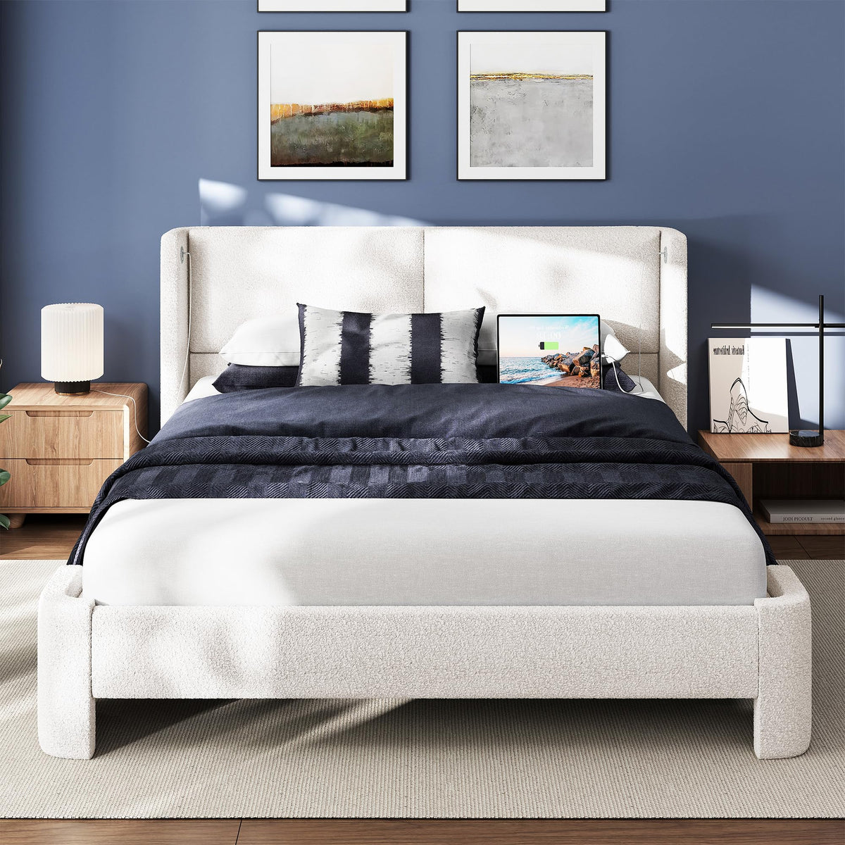 LIKIMIO Queen Bed Frame with Headboard, Upholstered Bed Frames with USB Ports, Base Cama Bed Frame No Box Spring Needed, Cream White