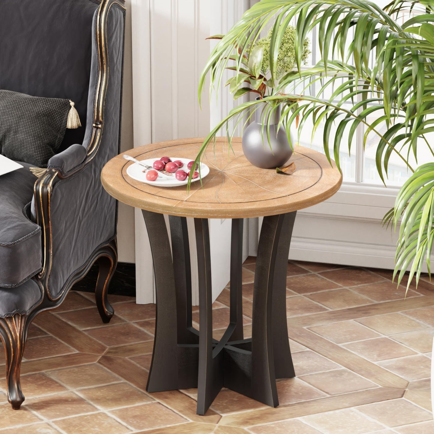 COZAYH Farmhouse Round End Table with Criss-Cross Wood Legs, Rustic French Country Side Table for Dinning or Living Room, Modern, Black, Natural Wood
