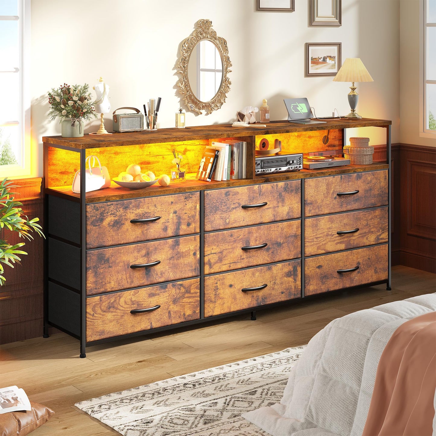 Romorgniz 55" W Dresser for Bedroom with 9 Drawer, LED TV Stand with Power Outlets for 45, 55, 65 Inch TV, Sturdy Long Chest of Drawers with Extra 2 Storage Wooden Shelves, Rustic Brown