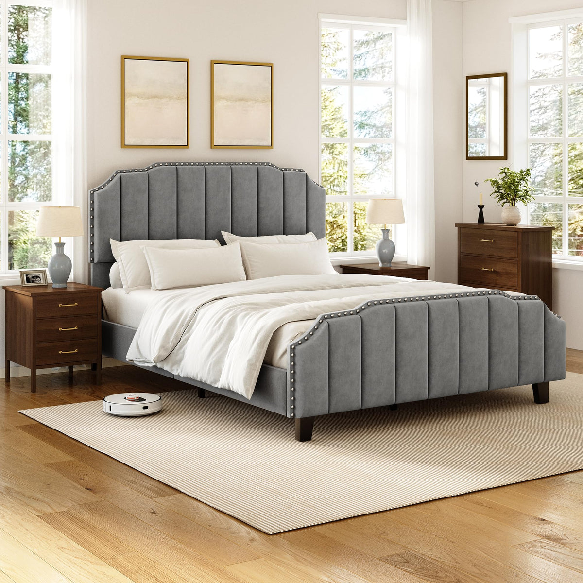 RIHHA Grey Queen Size Upholstered Platform Bed Frame with 46.8'' Tall Vertical Channel Tufted Headboard, Wooden Slats, Noise-Free, No Box Spring Needed, Easy Setup