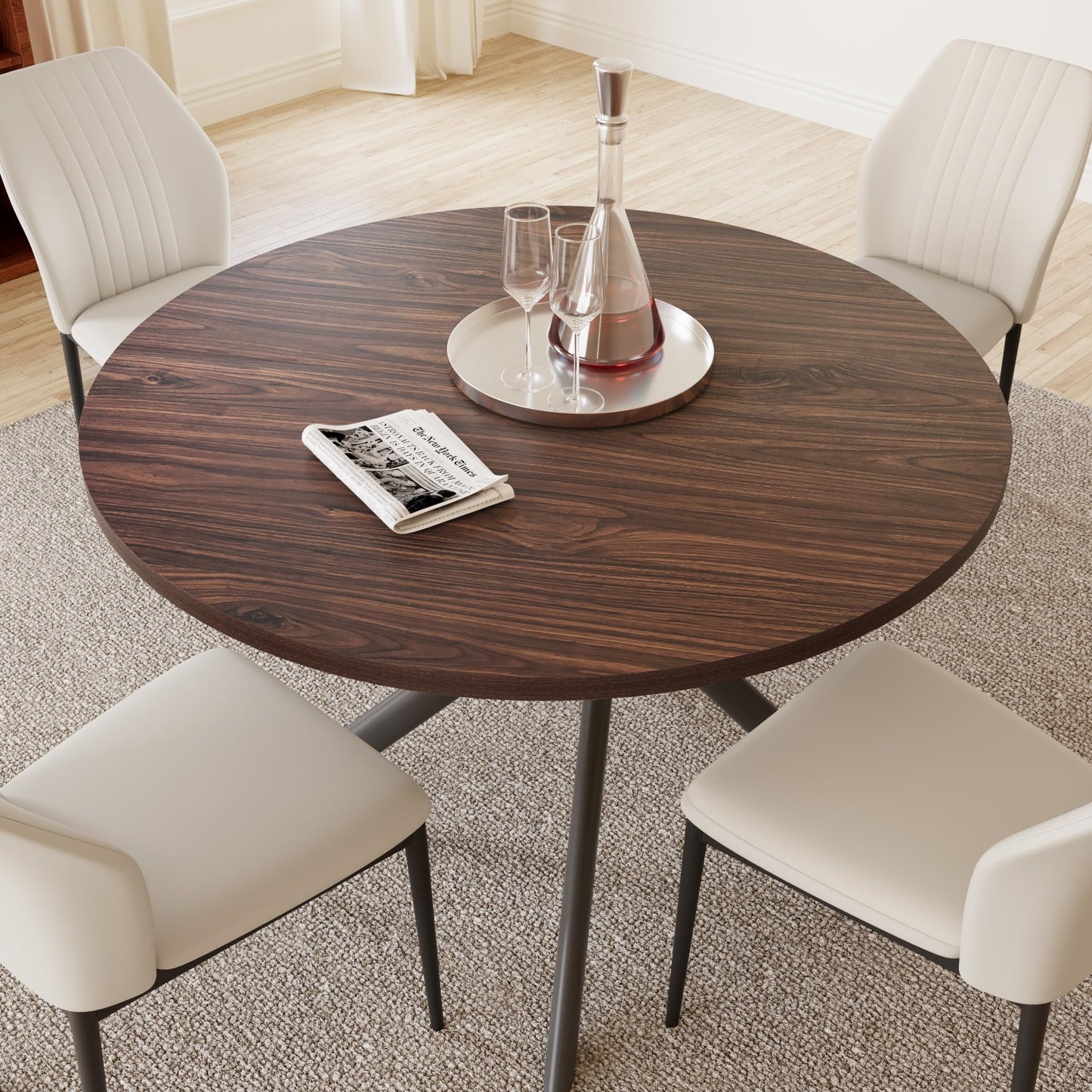 HIPIHOM 45.3'' Walnut Round Dining Table Set for 4, Mid Century Modern Small Coffee Set for Dining Room Kitchen Apartment (Walnut Table + 4 White Chairs)