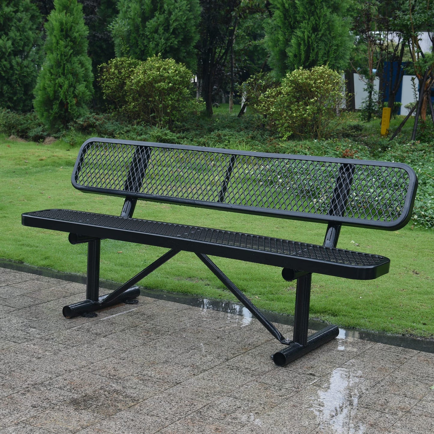 HIMcup 4 FT Heavy Duty Metal Park Bench with Back for Outside, Outdoor Black Bench with Backrest & Portable Frame, 1-3 Person Seat-Commercial Benches Garden Benches for Outdoors