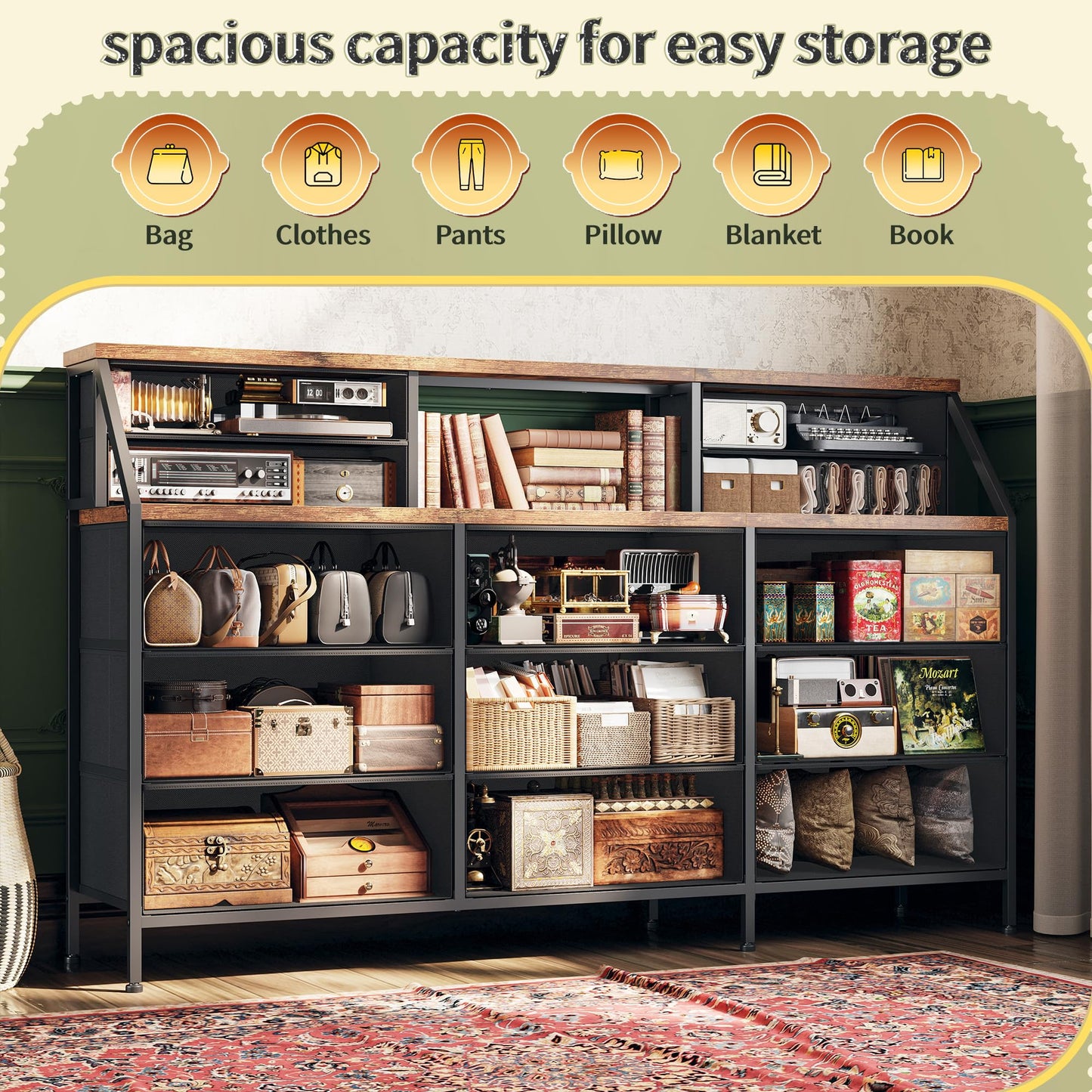 Romorgniz 55" W Dresser for Bedroom, Dressers & Chests of Drawers with 13 Fabric Drawers and 2 Open Shelves, Long Vanity Dressers for Bedroom & Closet, Rustic Brown, 55.1" W x 35.4" H x 11.4" D