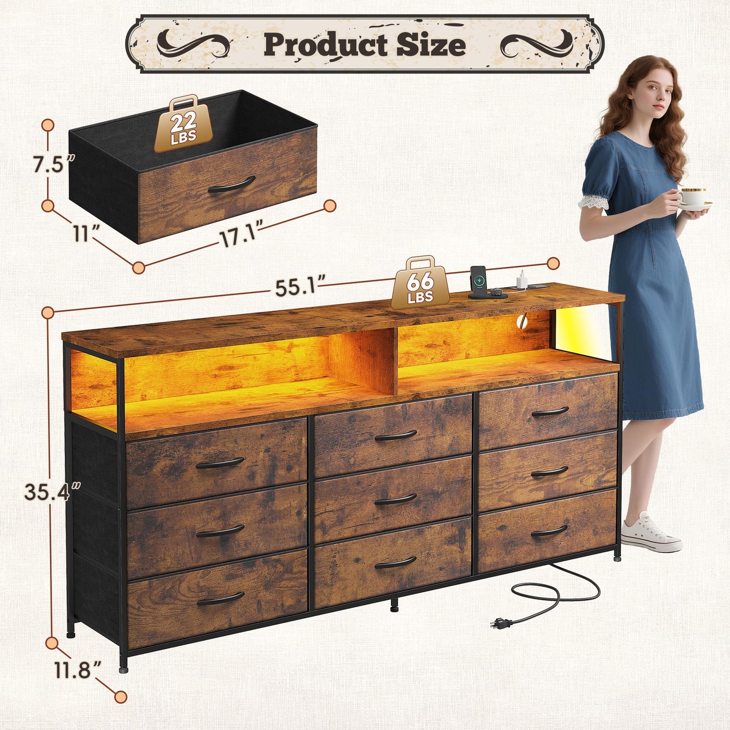 Romorgniz 55" W Dresser for Bedroom with 9 Drawer, LED TV Stand with Power Outlets for 45, 55, 65 Inch TV, Sturdy Long Chest of Drawers with Extra 2 Storage Wooden Shelves, Rustic Brown