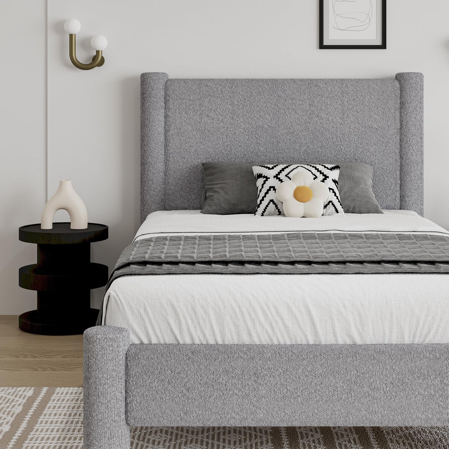 REVOMINCA Twin Size Bed Frame, Boucle Upholstered Platform Bed with Headboard and Footboard, Soft Rounded Corners, No Box Spring Required, Easy Assembly, Light Grey