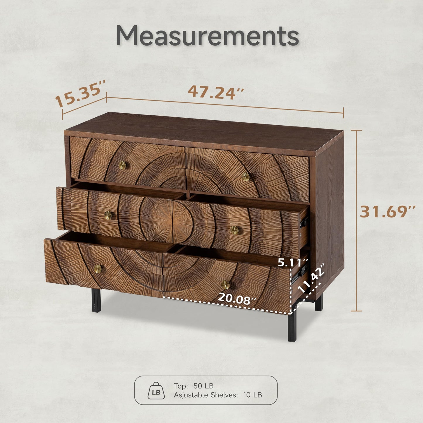 Aoikax Farmhouse 6-Drawer Dresser, Accent Wooden Chest of Drawers with Circle Pattern and Radioactive Wood Lines,Accent Storage Dresser for Living Room, Bedroom, Brown