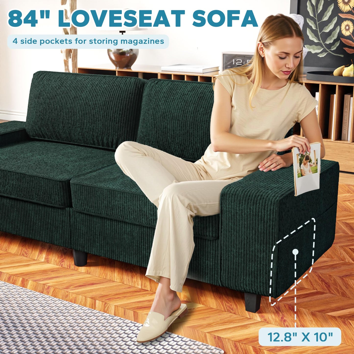 MeetLeisure 84" Corduroy Loveseat Couch, 3 Seater Retro Sofa with 4 Side Pockets, Removable and Washable Cushions, Mid Century Modern, Living Room, Apartment, Office (Green)