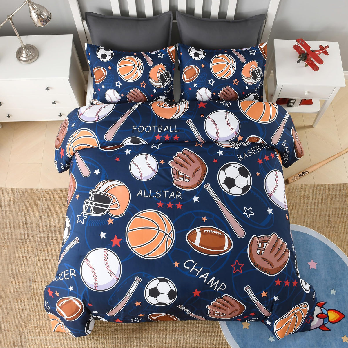 Andency Cartoon Ball Games Comforter Twin(66x90 Inch), 2 Pieces(1 Comforter, 1 Pillowcase) Soccer Basketball Baseball Football Comforter Set Sport Microfiber Bedding Set for Boys Girls Kids Teens