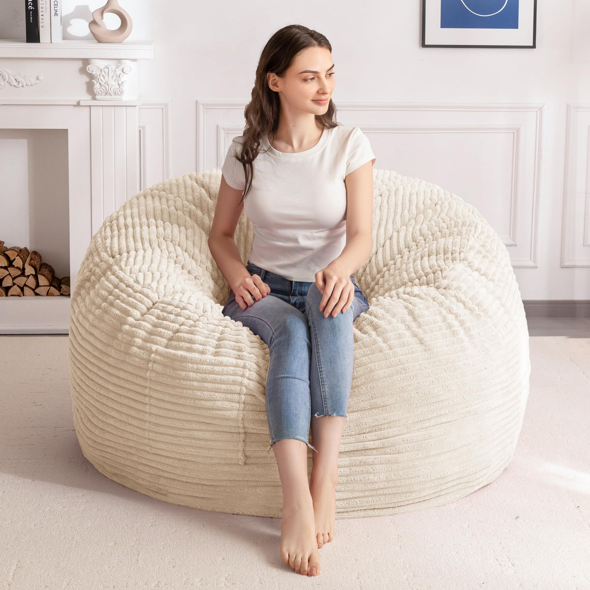 MAXYOYO Bean Bag Chair for Adults, Large 4 ft Bean Bag Chair with Foam Filling, Ultra Soft Fur Lazy Sofa for Living Room, Bedroom, Machine Washable Cover