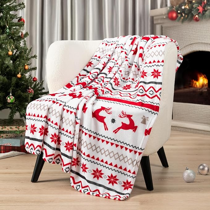 PAVILIA Christmas Throw Blanket | Holiday Christmas Reindeer Snowflakes Fleece Blanket | Soft, Plush, Warm Winter Cabin Throw,60x80 (White Reindeer)