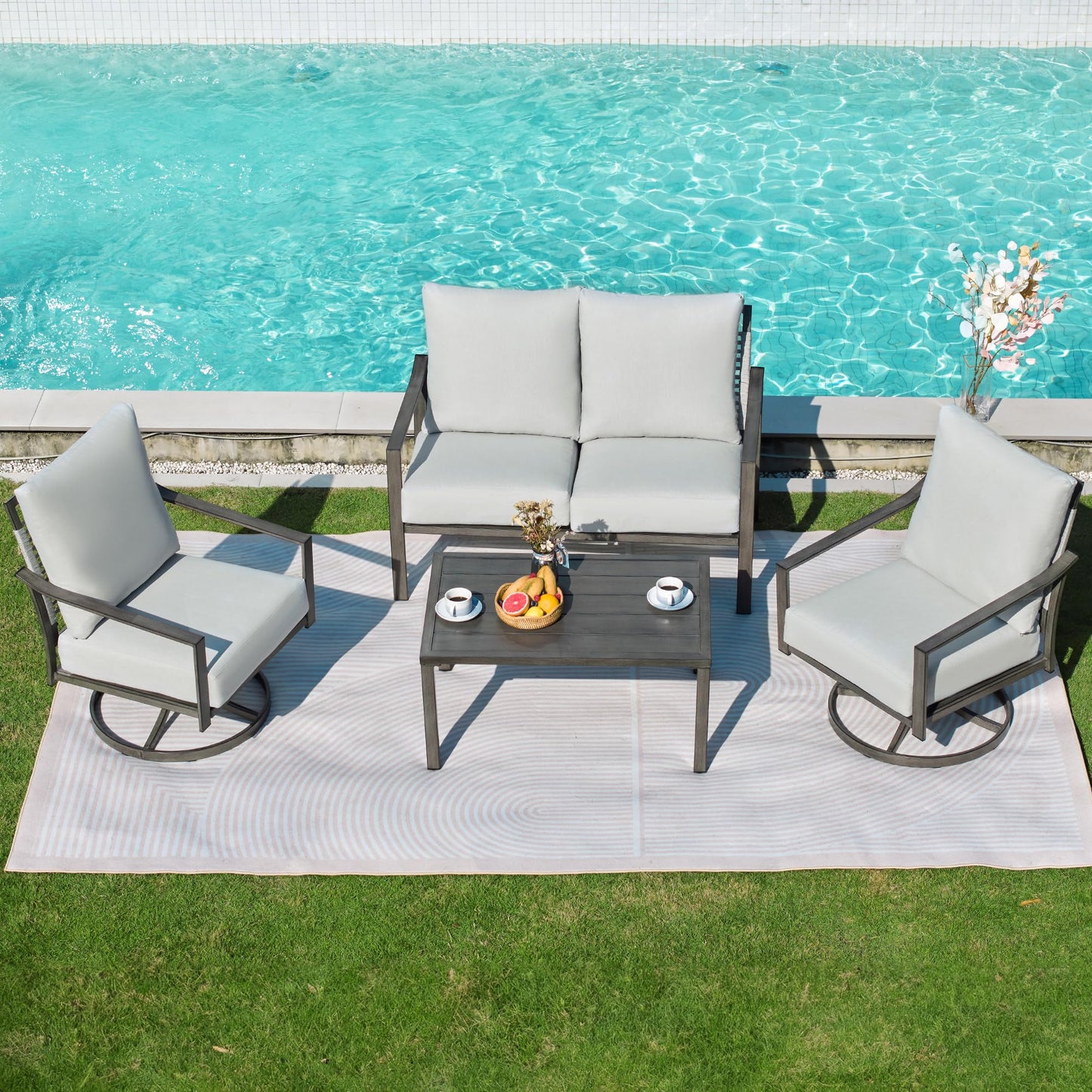 NATURAL EXPRESSIONS 4 Pieces Patio Furniture Sets, Modern Metal Outdoor Conversation Sets with High Back All Weather Hand-Woven Rope Rocking Swivel Chairs, Loveseat, Metal Table, 5.5" Thick Cushions