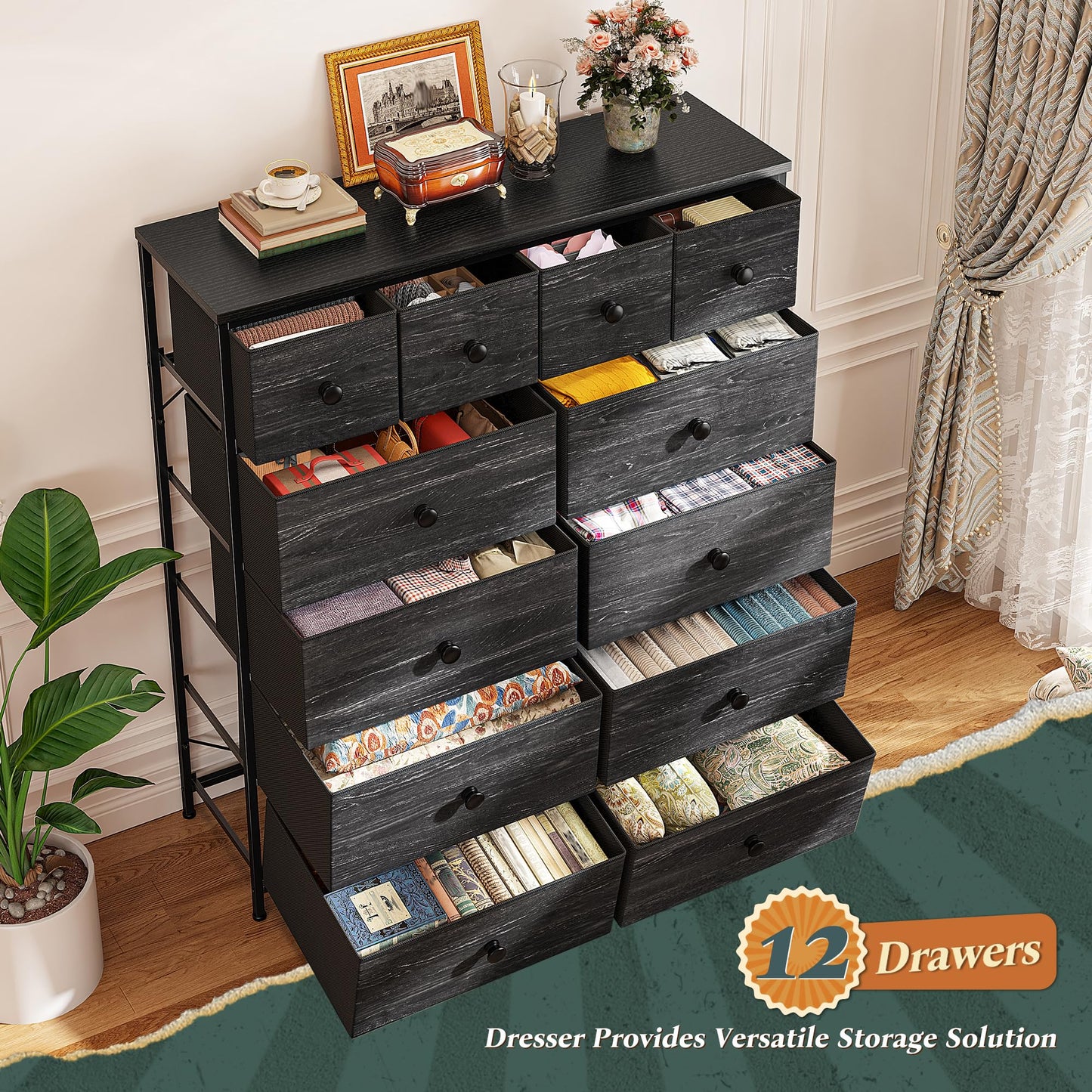 Romorgniz Tall Dressers for Bedroom with 12 Drawers, Fabric Storage Dressers & Chests of Drawers, Sturdy Metal Frame, Wood Top, Closet, Entryway, Bedroom Furniture (Charcoal Black)