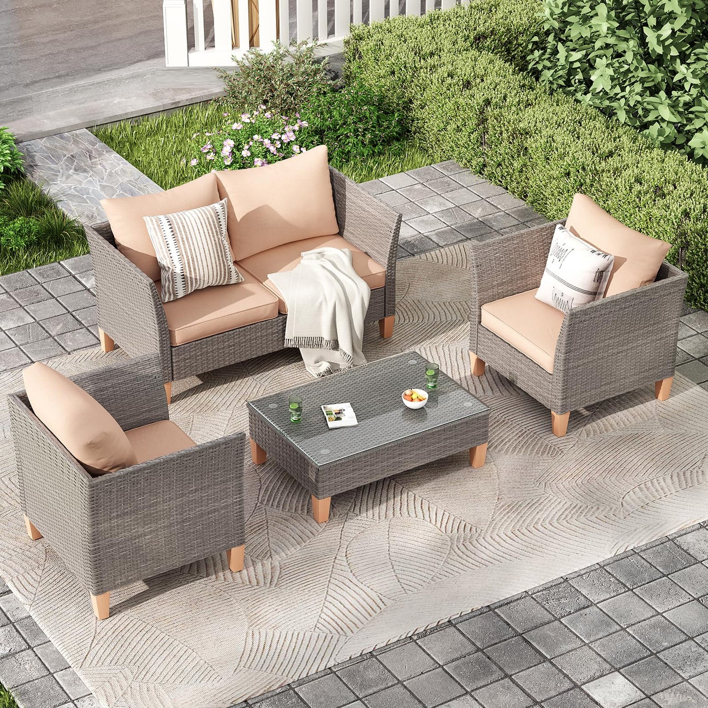 Soohow 5-Piece Patio Furniture Set, Outdoor Furniture with Coffee Table, Loveseat & 2 Single Chairs, 4-Inch Thickened Cushions with Water/Oil/Stain-Resistant Fabric (Beige Cushion + Gray Wicker)