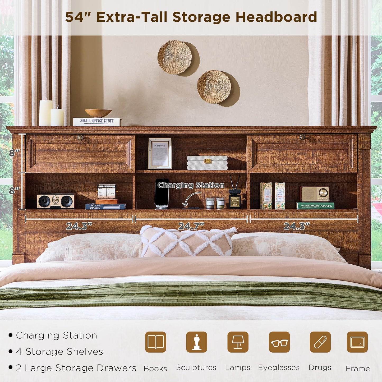 Farmhouse King Size Bed Frame with 54" Tall Headboard, Headboard with 4 Storage Rack, 2 Drawers, Wood Platform Bed Frame,18" Roman Column Decoration Footboard, No Box Spring Needed(Reclaimed Barnwood)