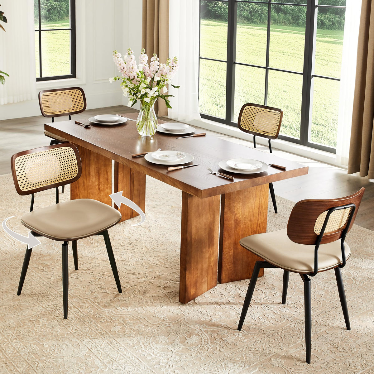 Quenvo Swivel Dining Chairs with Rattan Back, Rattan Leather Dining Chairs with Swivel Metal Legs, Mid-Century Modern Synthetic Leather Upholstered Kitchen Chair, Set of 4, Beige