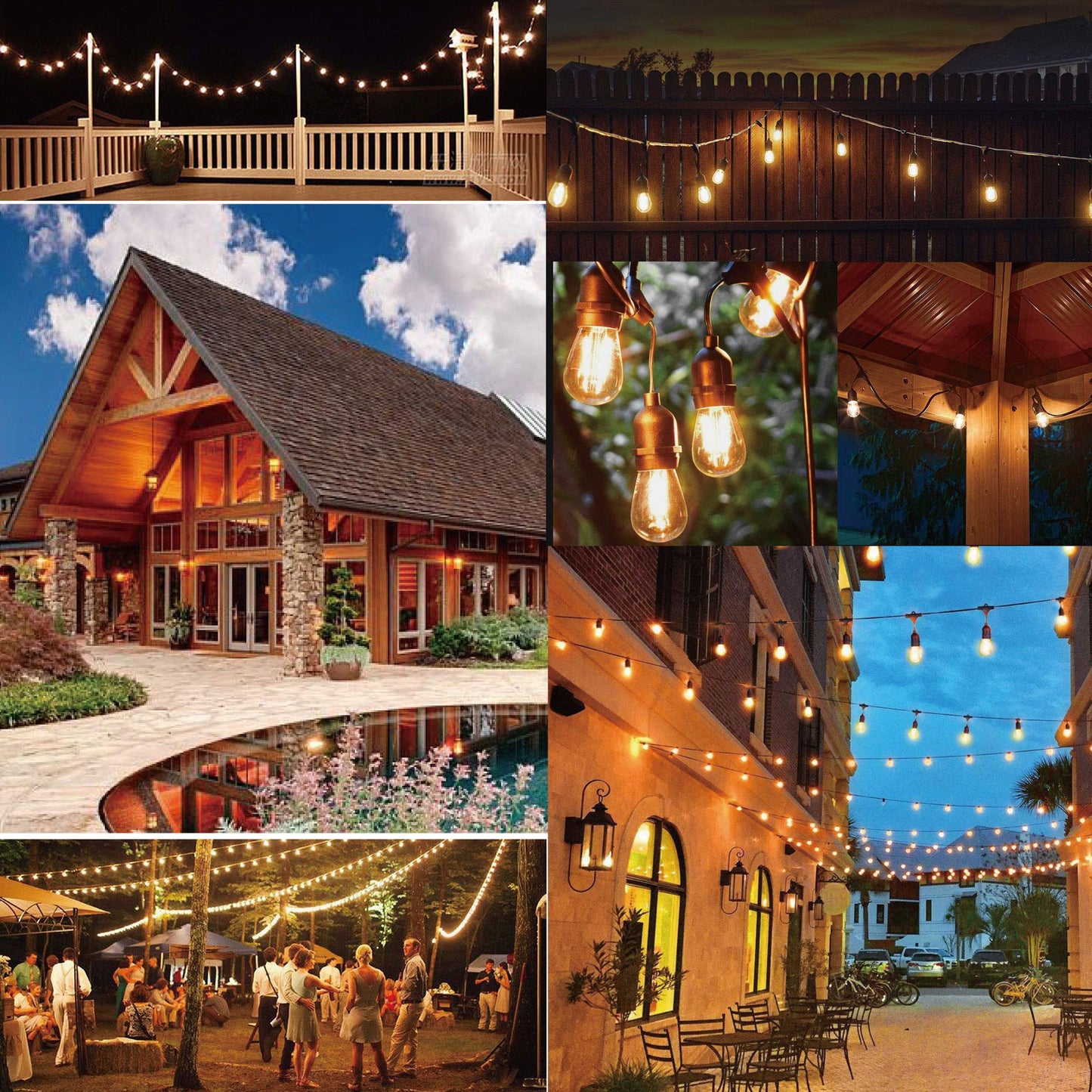 Outdoor String Lights LED 100FT Commercial Grade Heavy Duty Light String Lights with 30 Sockets 32 Shatterproof Plastic Bulbs Include 2 Spare S14 Dimmable Edison Bulbs Patio Market Cafe Light