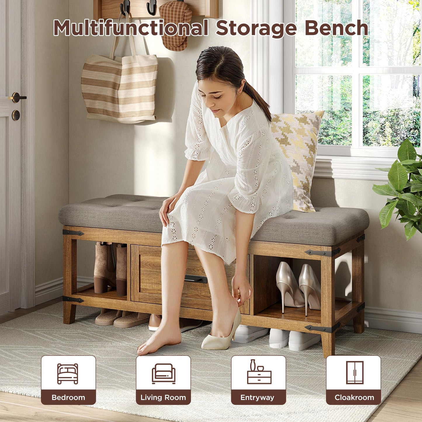 Maupvit Entryway Bench with Shoe Storage, Shoe Rack with Cushion for Living Room, End of Bed Bench for Bedroom, 15.7" D x 43.3" W x 18.1" H