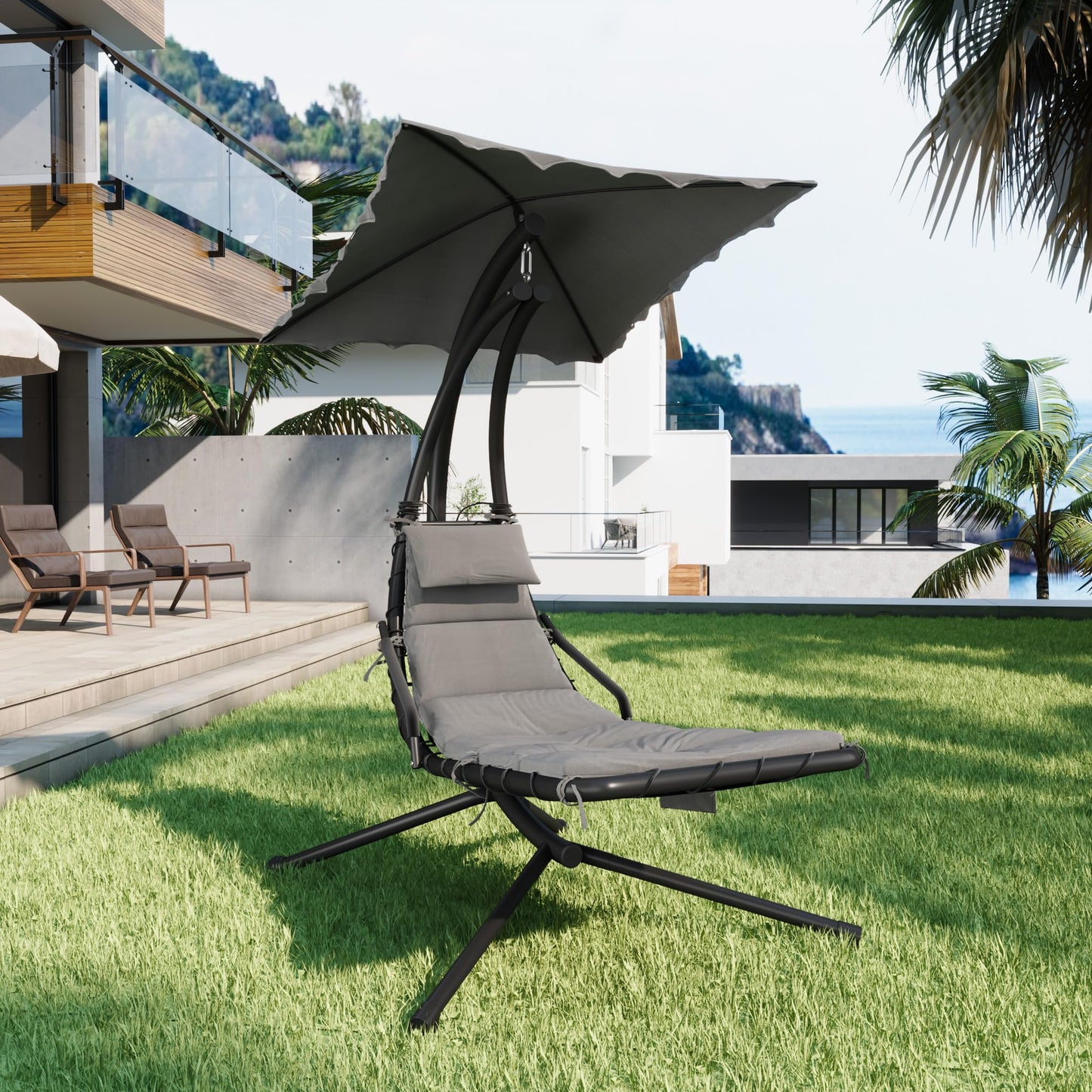 LuyFuitre Hanging Chaise Lounge Swing Chair, Hanging Curved Chaise Lounge Chair Umbrella, Curved Steel Hammock Lounger Chairs for Outdoor Indoor Patio Pool Garden Backyard Porch