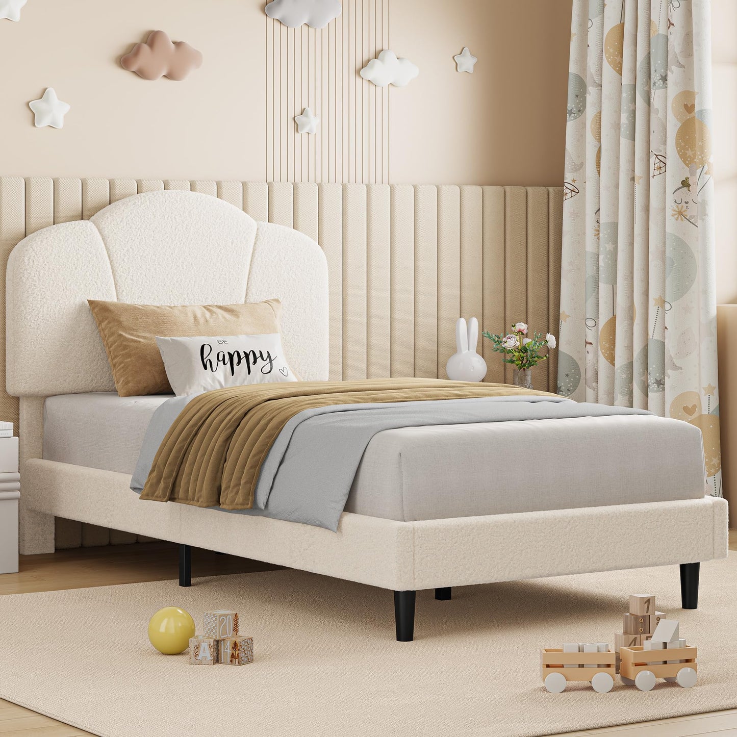 LIKIMIO Twin Size Bed Frame, Upholstered Twin Platform Bed with Headboard Lamb Velvet Twin Beds, No Box Spring Needed with 800LBS Sturdy Wooden Slats Support, Noise Free, Easy Assembly, White