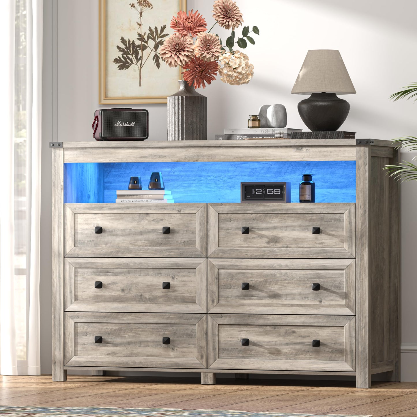 Dresser for Bedroom with 6 Drawers, Wide Chest of Drawers with LED Light and Power Outlet, Wooden Closet Organizer Clothes Storage Cabinet, Modern Double Dressers for Living Room, Hallway, Grey