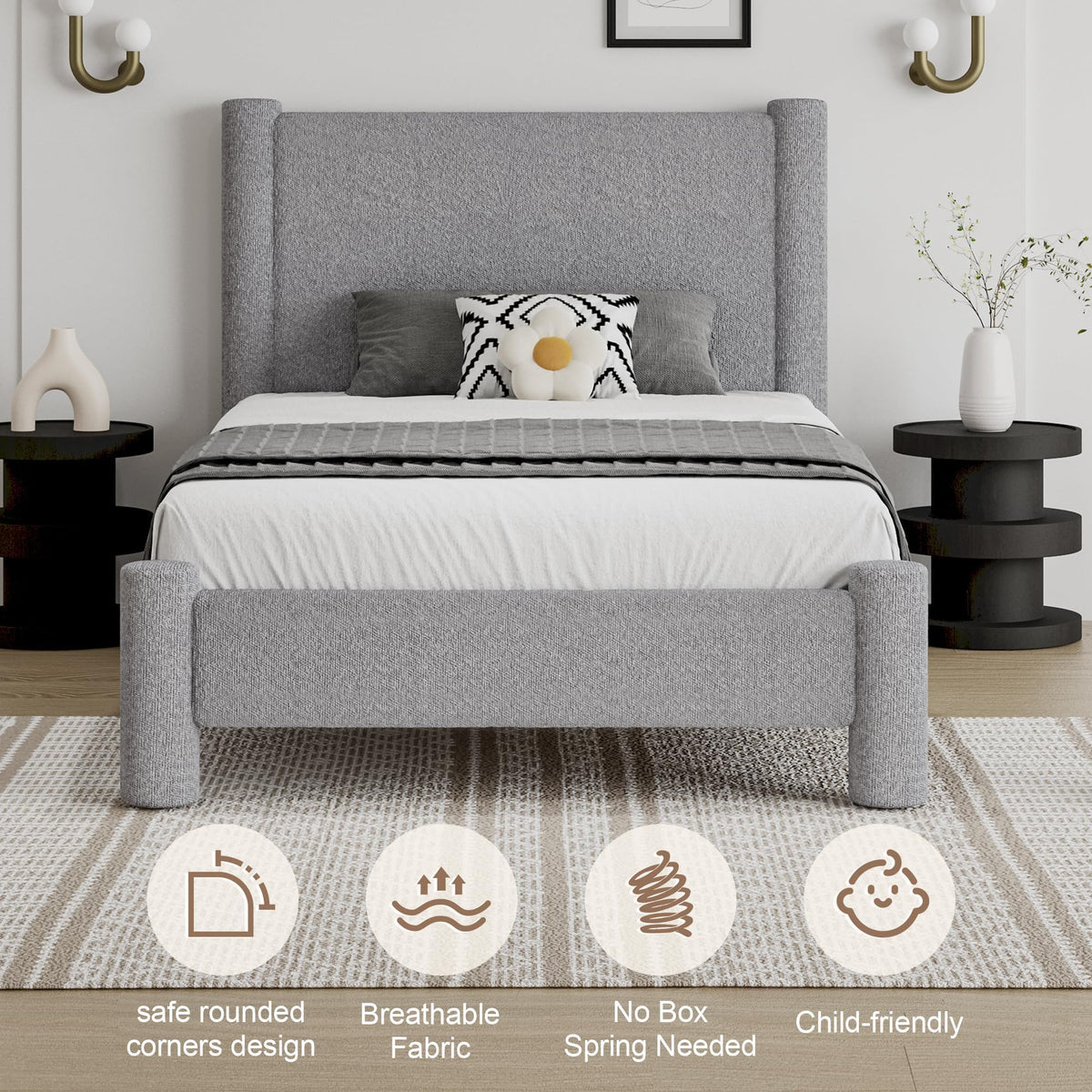 REVOMINCA Twin Size Bed Frame, Boucle Upholstered Platform Bed with Headboard and Footboard, Soft Rounded Corners, No Box Spring Required, Easy Assembly, Light Grey