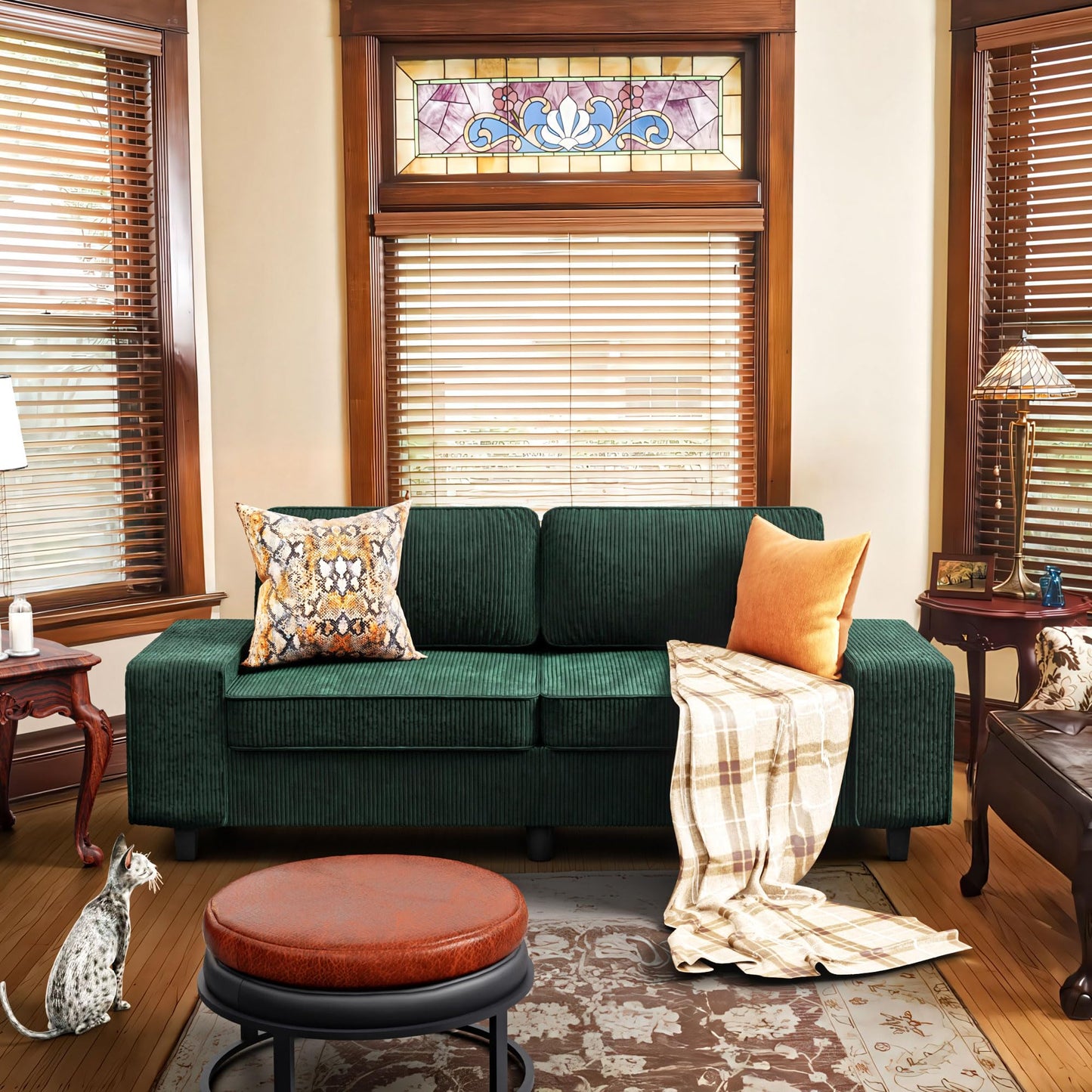 MeetLeisure 84" Corduroy Loveseat Couch, 3 Seater Retro Sofa with 4 Side Pockets, Removable and Washable Cushions, Mid Century Modern, Living Room, Apartment, Office (Green)