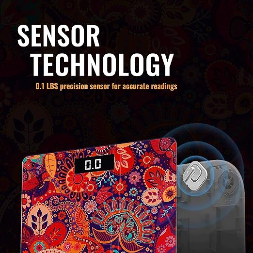 Eilison Indian Art Digital Body Weighing Scale 400lbs, Precision Step-on Bathroom Scale, Accurate & Large LED Display, Weight Verification, Thick Tempered Glass (Indian Art)