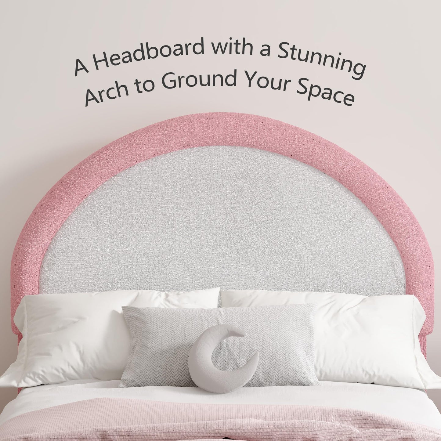 REVOMINCA Twin Boucle Bed Frame, Boucle Upholstered Platform Bed Twin Size with Headboard, Pink Bed Frame for Girls Kids, Low Profile Bed, Rounded Corners, No Box Spring Needed, Pink and White