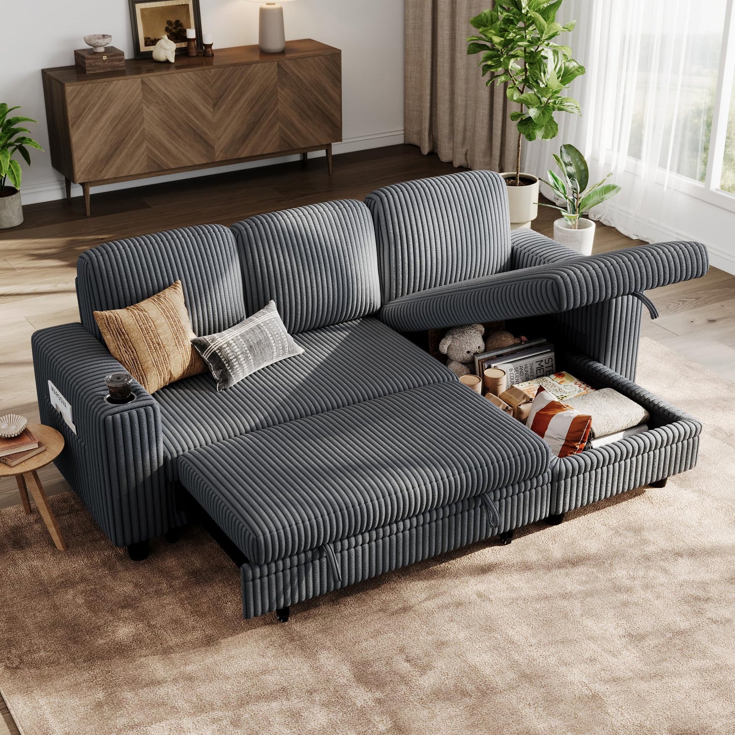 LINSY HOME Sectional Sleeper Sofa with Pull Out Couch Bed Convertible Plush Corduroy Cloud Couch with Storage Chaise & USB Charging, Comfy L Shaped Modular Couches for Living Room Apartment (Grey)