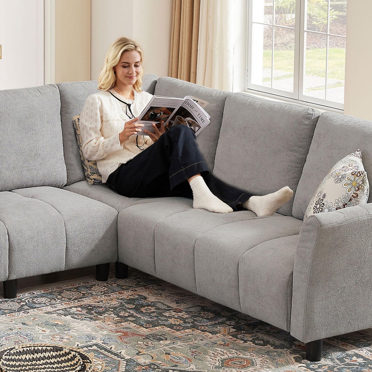 Enobala Modern Sectional Sofa, 102'' L Shaped Couch Set, 6 Seater Sectional Corner Couch with Back Cushions,Upholstered Couches for Living Room Apartment Office, Light Grey
