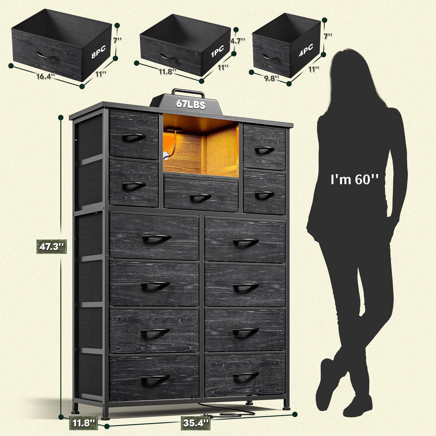 Romorgniz 13 Drawer Dresser for Bedrom,Tall Black Chest of Drawers for Bedroom with Led Light and 4 Charging Ports,Hallway, Closet, Entryway,11.8" D x 35.4" W x 47.3" H