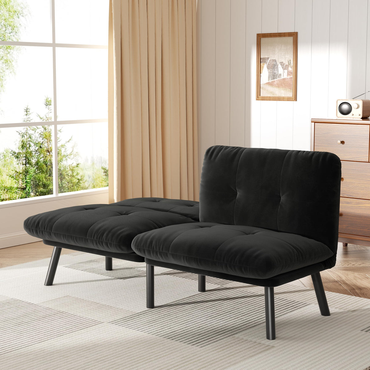 homeokay Futon Sofa Sleeper Couch Bed with Adjustable Backrest Thick Cushion Velvet Fabric for Department Living Room Lounge Sofa Loveseat (Black)