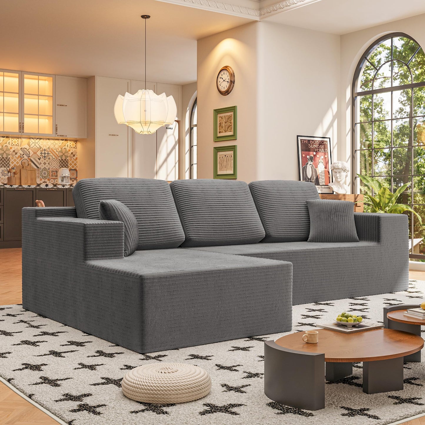 Homall 108" Modular Sectional Sofa, Boneless Couch with L-Shape Chaise, Cloud Couch with Deep Seat Upholstered, No Assembly Required for Living Room, Bedroom (Corduroy, Grey)