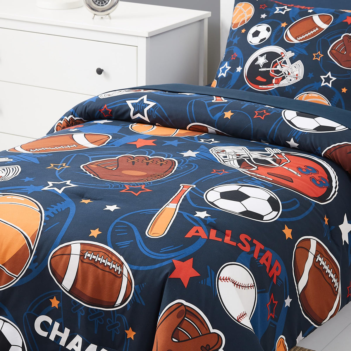 Kaleido Space Twin Kids Comforter Set - 5 Pieces Twin Bedding Sets for Boys Girls Teen, Glow in The Dark Sports Ball Games Bed in A Bag with Sheets
