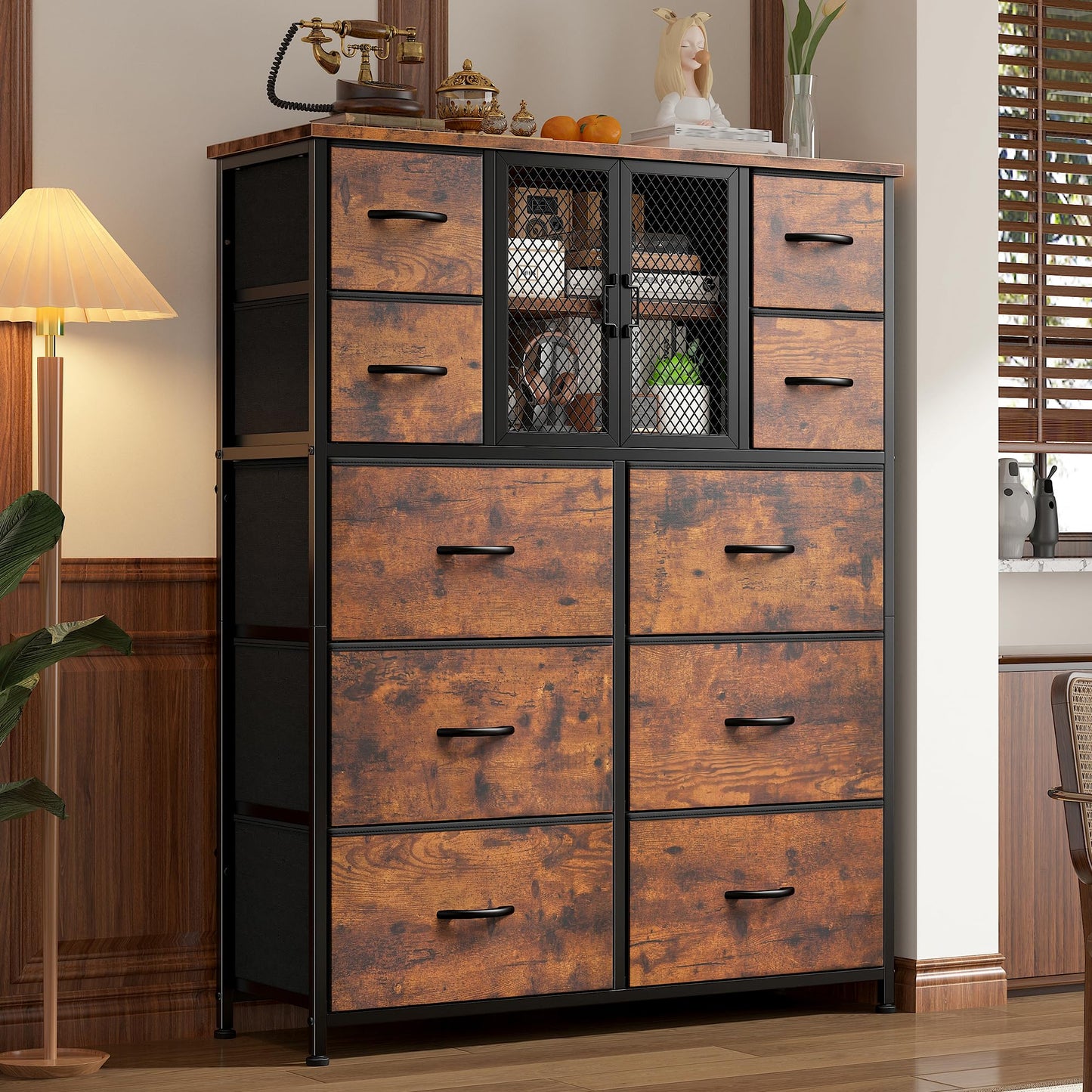 Romorgniz Tall Dressers for Bedroom with 10 Drawers, Chests of Drawers with Large Metal Mesh Door, Closet, Hallway, Rustic Brown 48.2" H x 38.1" W x 11.8" D