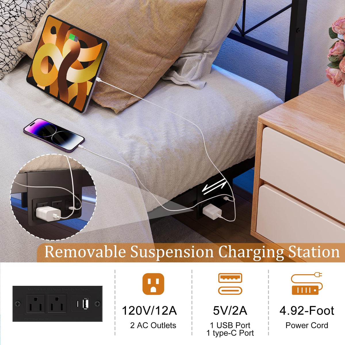 HAUSOURCE Full Size Floating Bed Frame with Storage Headboard Metal Platform Bed Frame with LED Lights and Charging Station Easy Assembly No Box Spring Needed