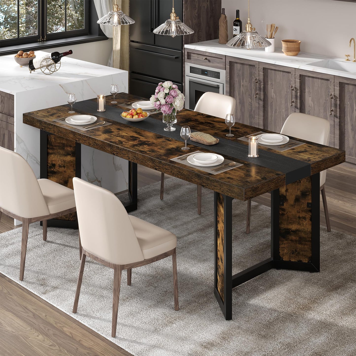 Industrial Dining Table for 6-8 People, 71" Large Long Wooden Kitchen Table with Sturdy Metal Frame & Brown Finish, Rustic Style Rectangular Dinner Table for Dining Room, Kitchen (Vintage Brown)