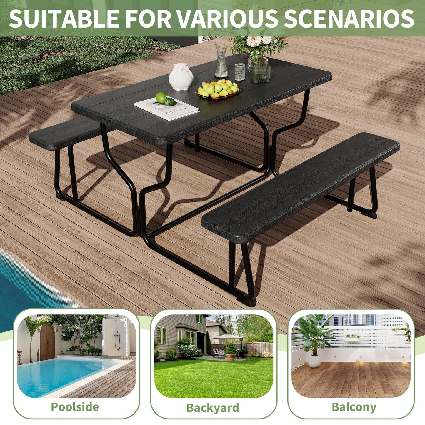 Reljofum Outdoor Picnic Table and Bench Set, All Weather Camping Picnic Tables, Wood Grain Tabletop & Metal Frame, Picnic Tables for Outdoors Camping Backyard Deck Patio Poolside Dining Party, Black