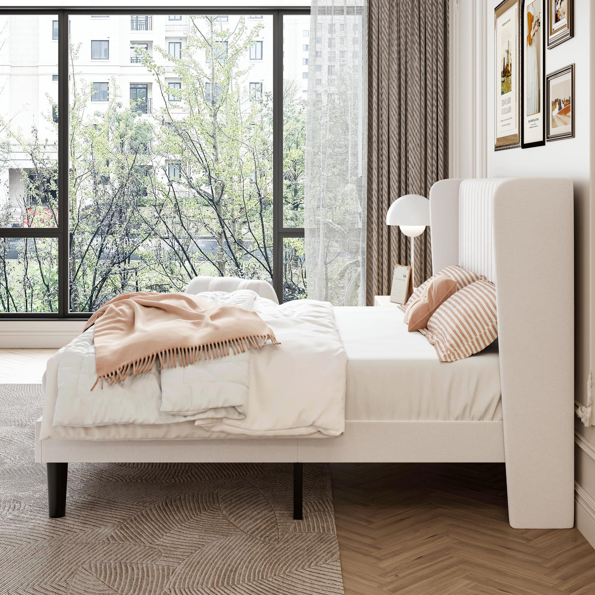 SHA CERLIN Full Size Velvet Bed Frame with Vertical Channel Tufted Wingback Headboard, Upholstered Platform Bed with Wood Slats, No Box Spring Needed, Easy Assembly, White