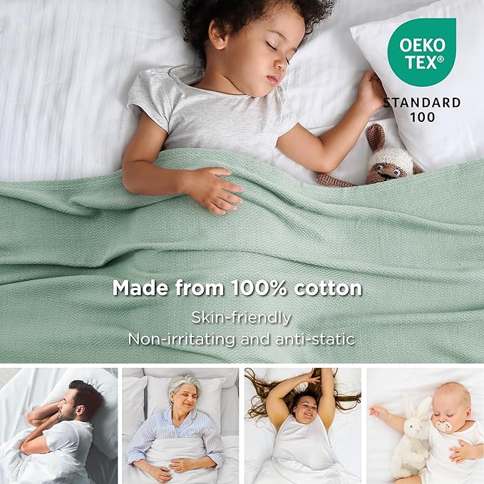 Bedsure 100% Cotton Blanket Queen Size for Bed - Breathable and Lightweight, Soft Cozy Textured Herringbone Woven Blanket for Summer Spring, Sage Green, 90x90 inches